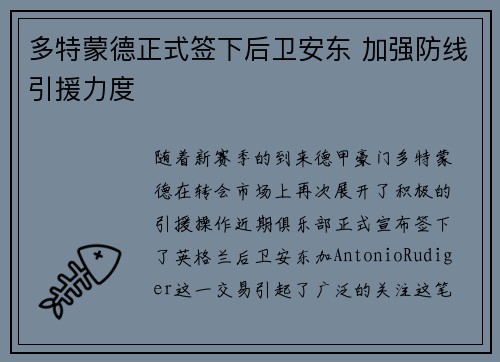 多特蒙德正式签下后卫安东 加强防线引援力度