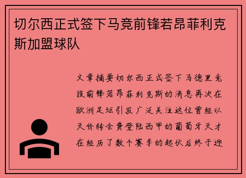 切尔西正式签下马竞前锋若昂菲利克斯加盟球队